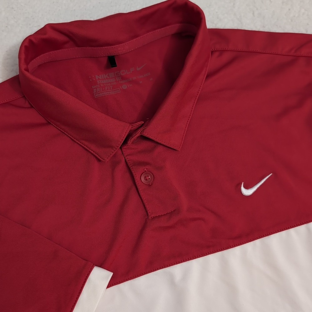 Nike Golf Polo Shirt Red White Men's Medium 13% Spandex Short Sleeve Standard
